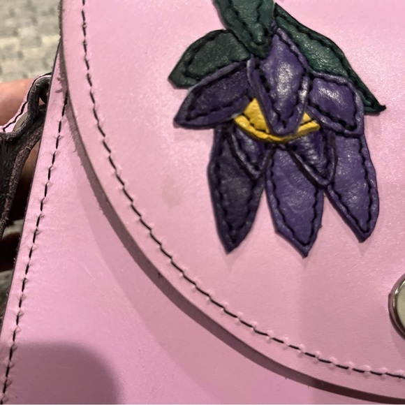 Embroidered Leather Crossbody Purse Adjustable Strap Pink & Purple Flowers Boho - Picture 4 of 12